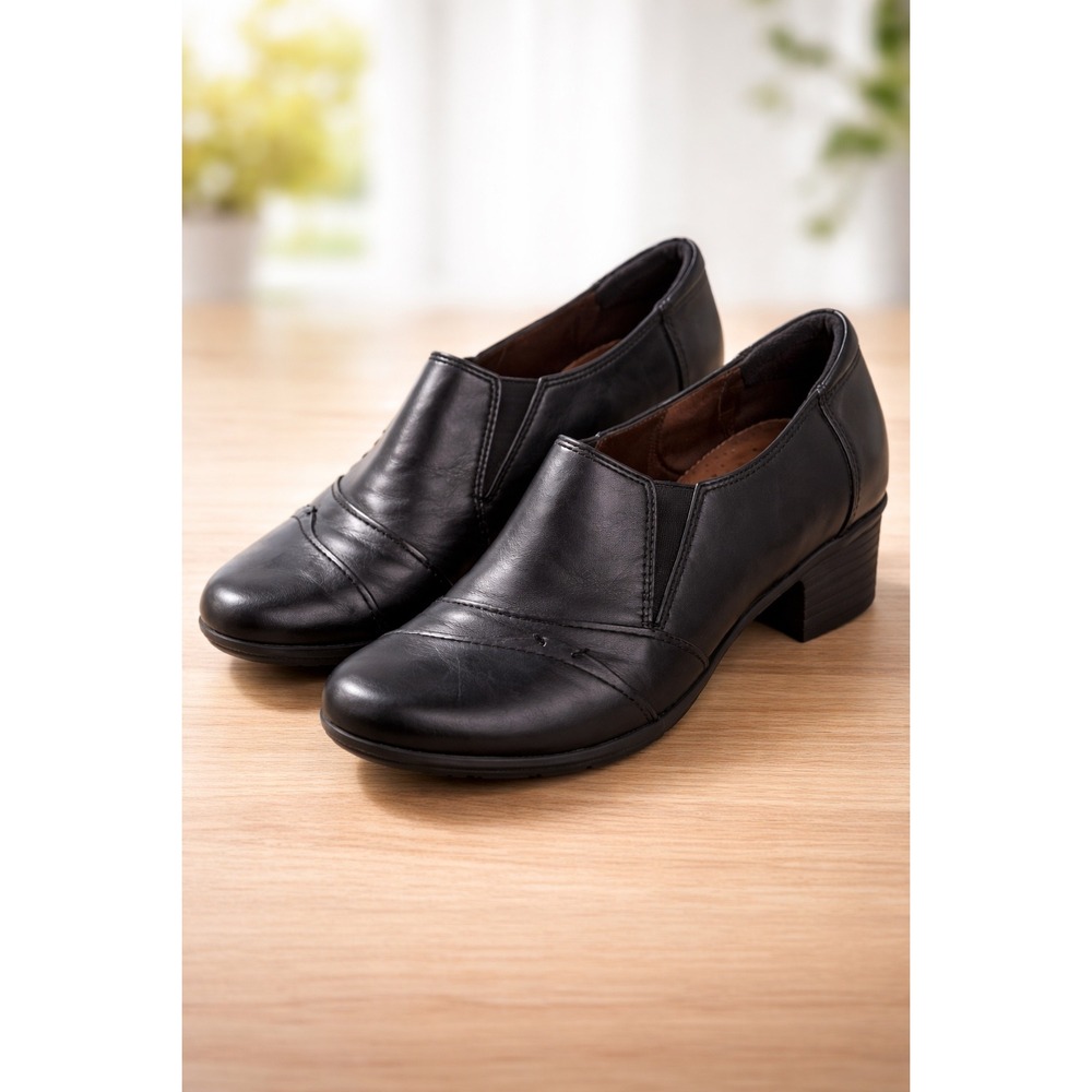 Ariel Womens Black Leather Slip On Loafers Block Heel Round Toe Shoes Size 8.5